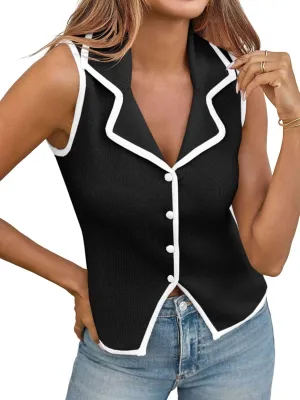 Saodimallsu Womens Sleeveless Sweater Vest Button Color Block Sexy V Neck Collared Summer Knit Tank Tops