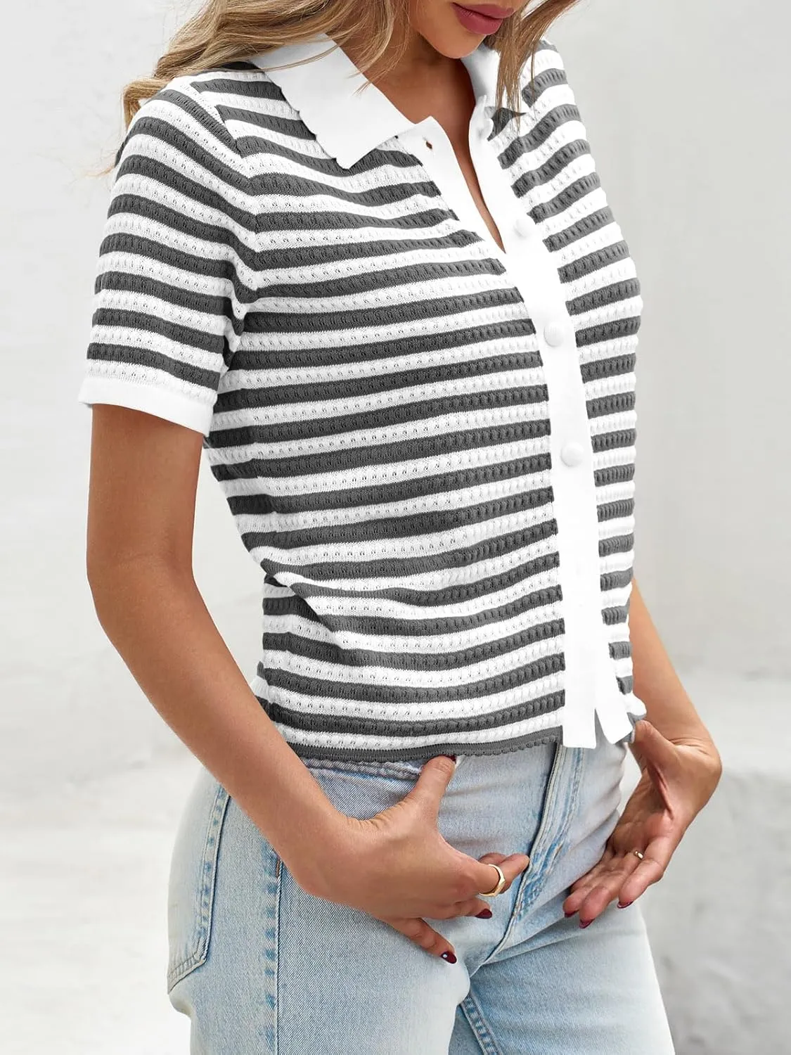 Saodimallsu Womens Striped Short Sleeve Sweater Tops Polo Collared Button Crochet Summer Cropped Cardigan