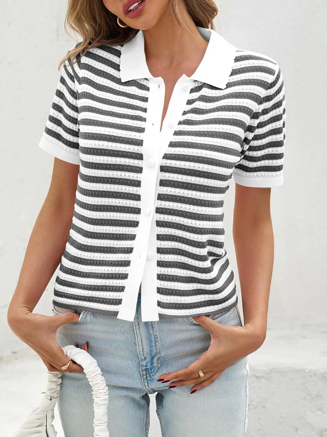 Saodimallsu Womens Striped Short Sleeve Sweater Tops Polo Collared Button Crochet Summer Cropped Cardigan