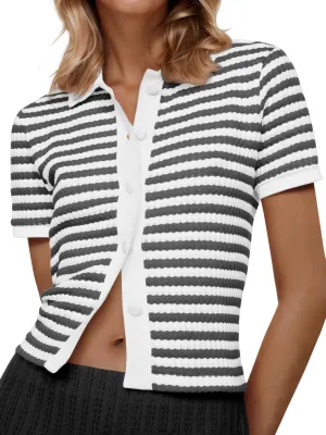 Saodimallsu Womens Striped Short Sleeve Sweater Tops Polo Collared Button Crochet Summer Cropped Cardigan
