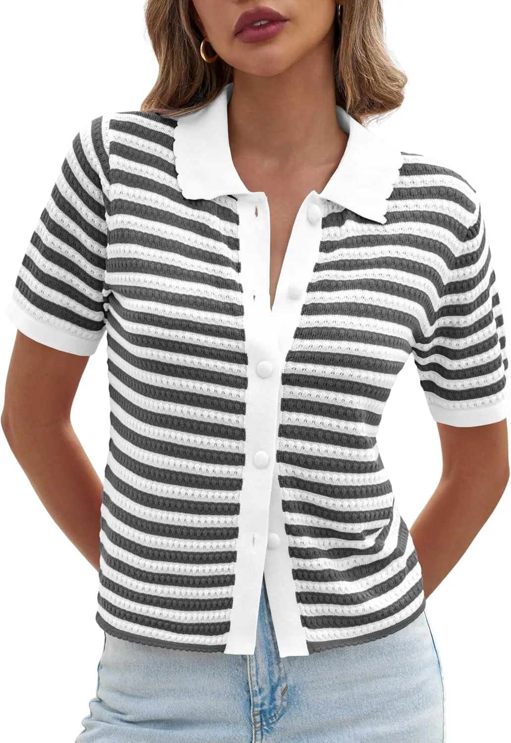 Saodimallsu Womens Striped Short Sleeve Sweater Tops Polo Collared Button Crochet Summer Cropped Cardigan