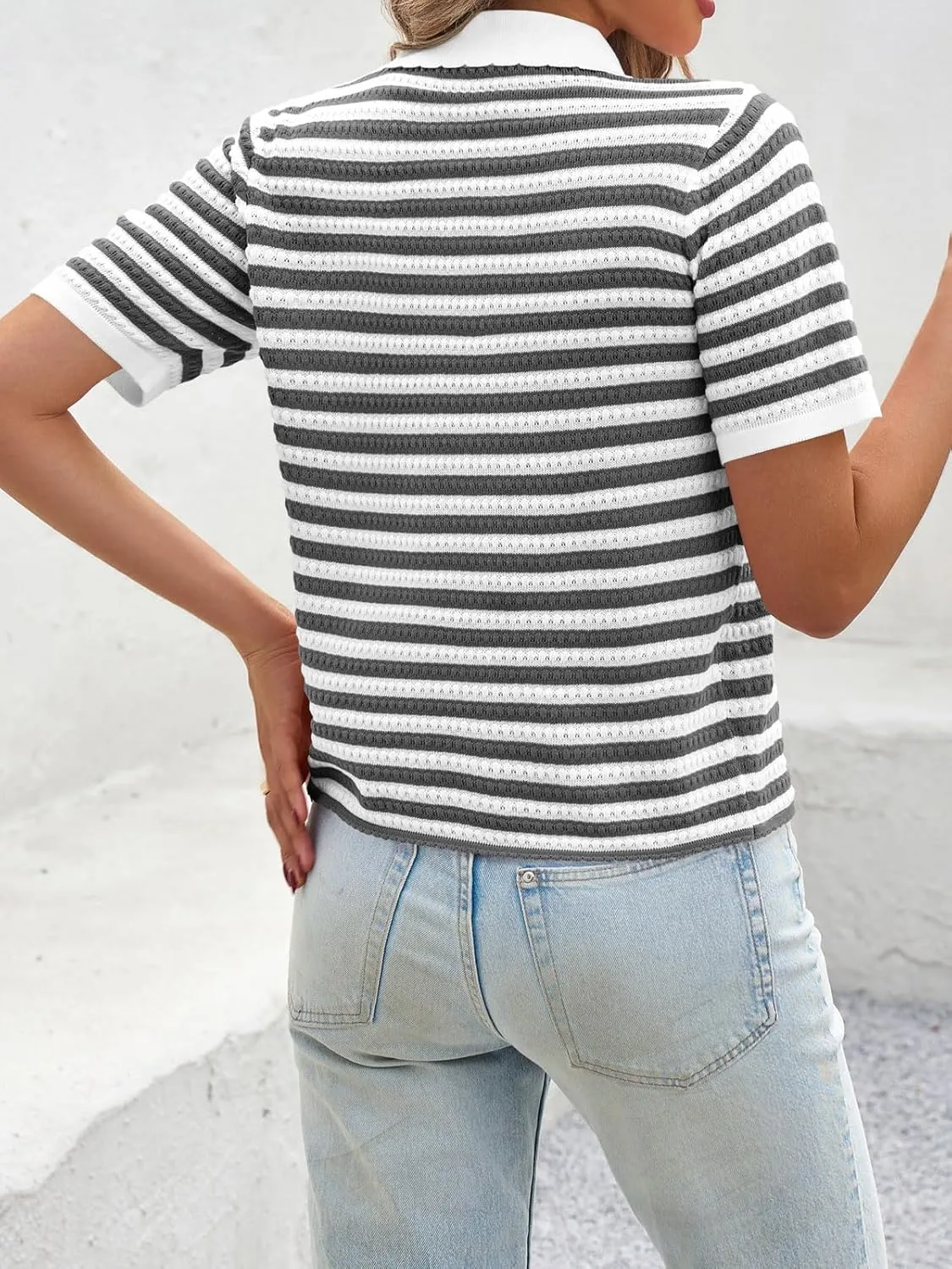 Saodimallsu Womens Striped Short Sleeve Sweater Tops Polo Collared Button Crochet Summer Cropped Cardigan