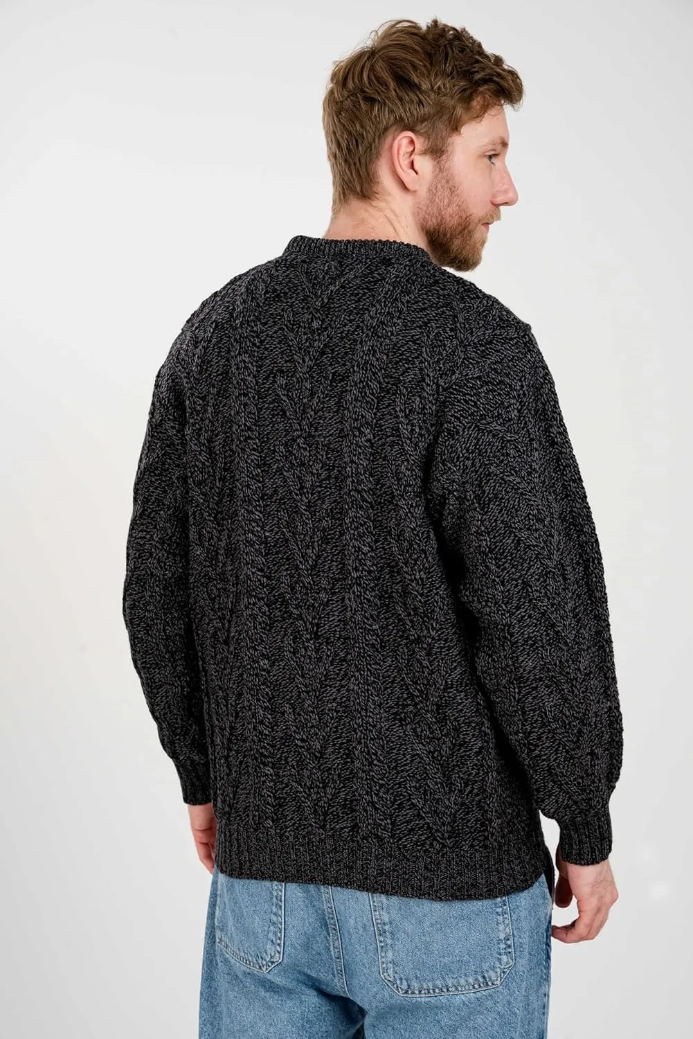 SAOL 100% Merino Wool Men's Irish Traditional Aran Crew Neck Cable Knit Sweater Pullover