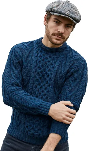 SAOL 100% Merino Wool Men's Irish Traditional Aran Crew Neck Cable Knit Sweater Pullover