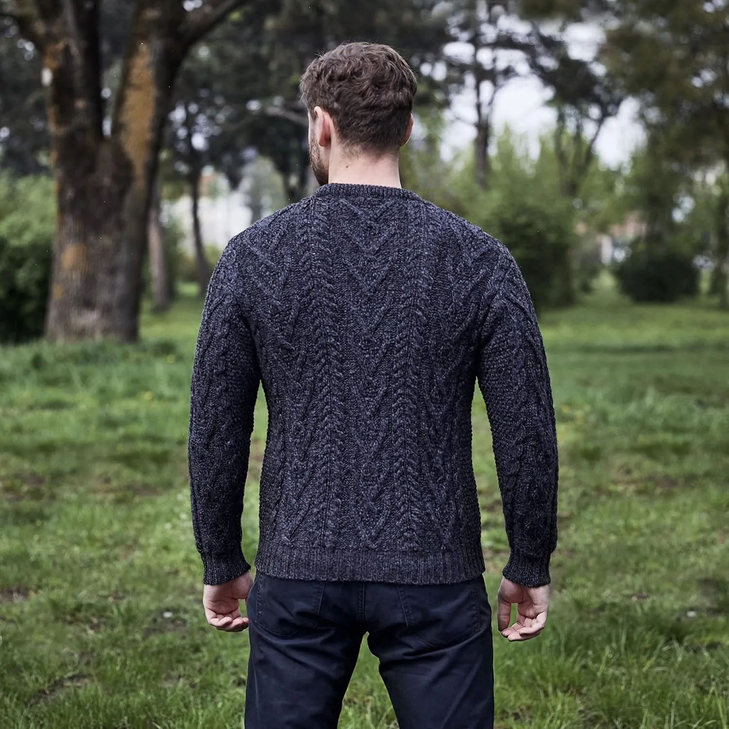 SAOL 100% Merino Wool Men's Irish Traditional Aran Crew Neck Cable Knit Sweater Pullover