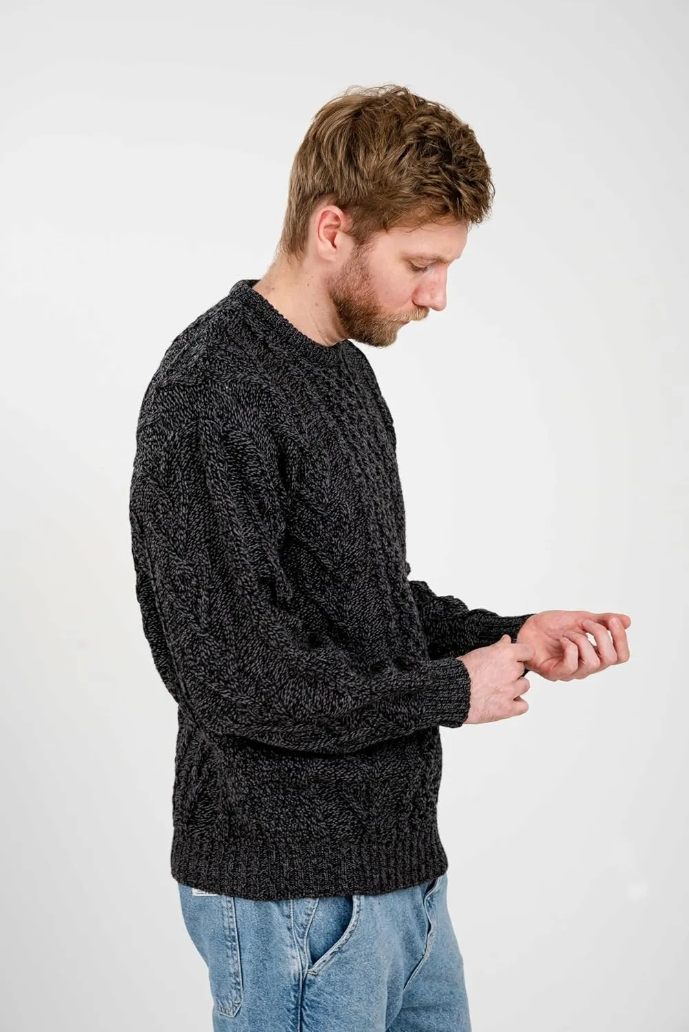 SAOL 100% Merino Wool Men's Irish Traditional Aran Crew Neck Cable Knit Sweater Pullover