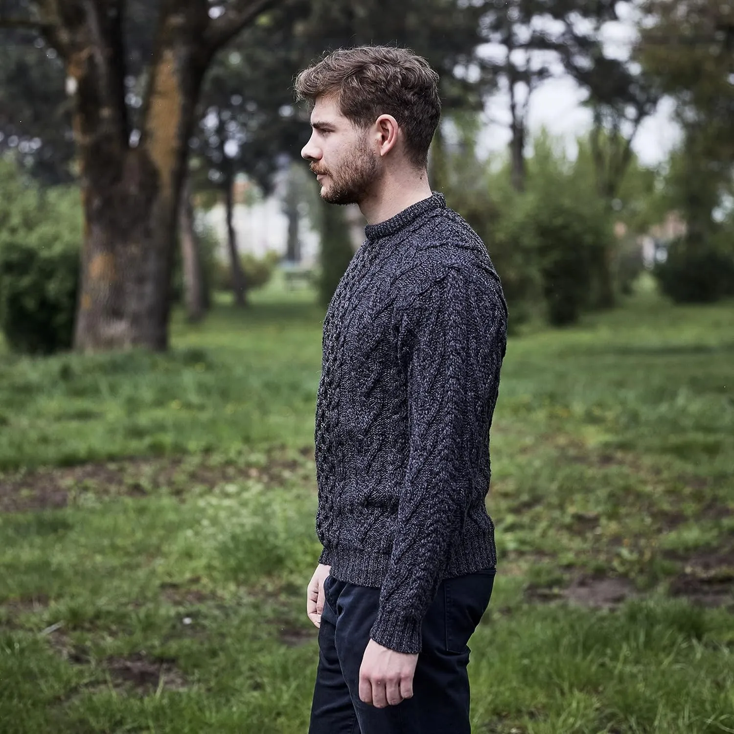 SAOL 100% Merino Wool Men's Irish Traditional Aran Crew Neck Cable Knit Sweater Pullover