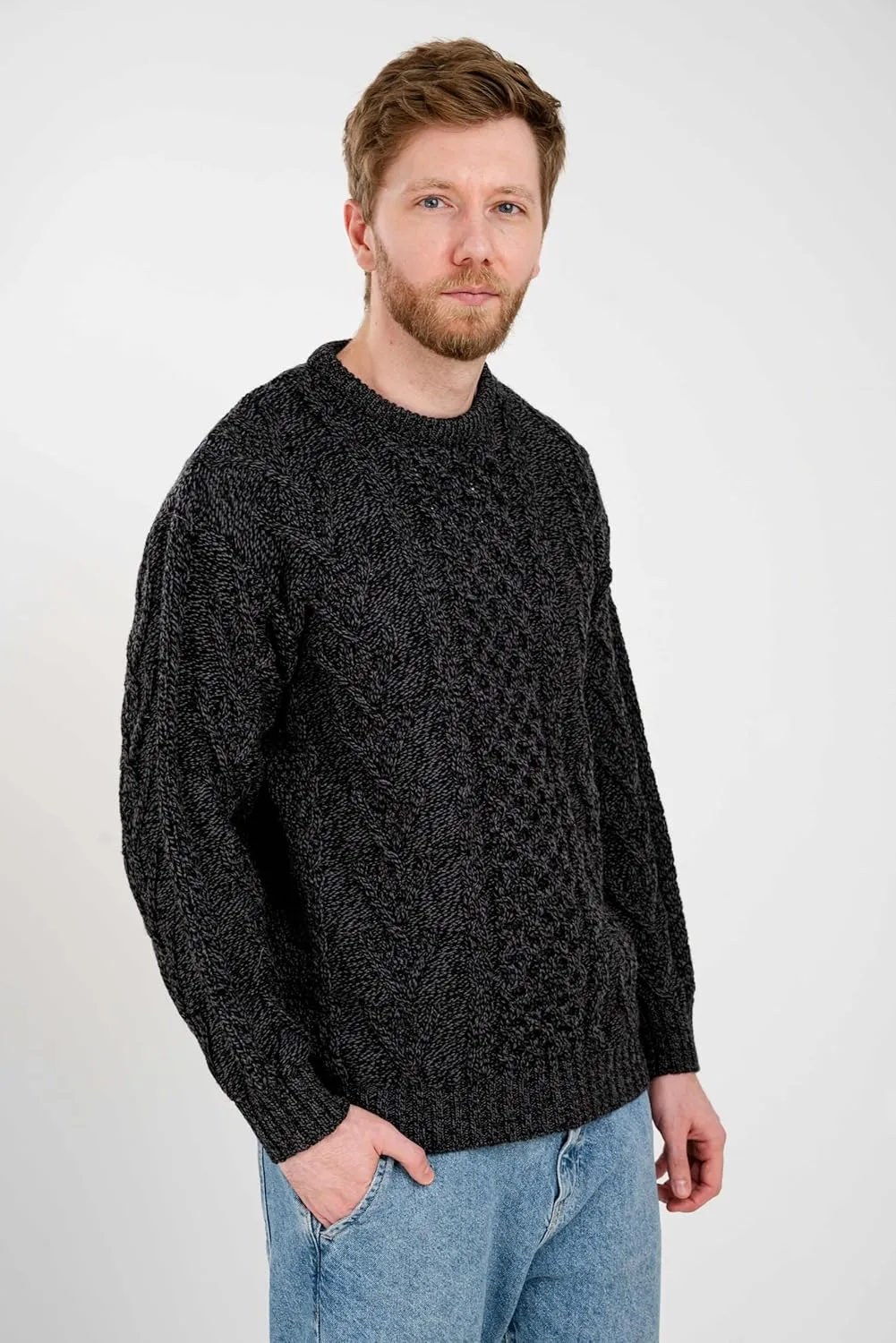 SAOL 100% Merino Wool Men's Irish Traditional Aran Crew Neck Cable Knit Sweater Pullover