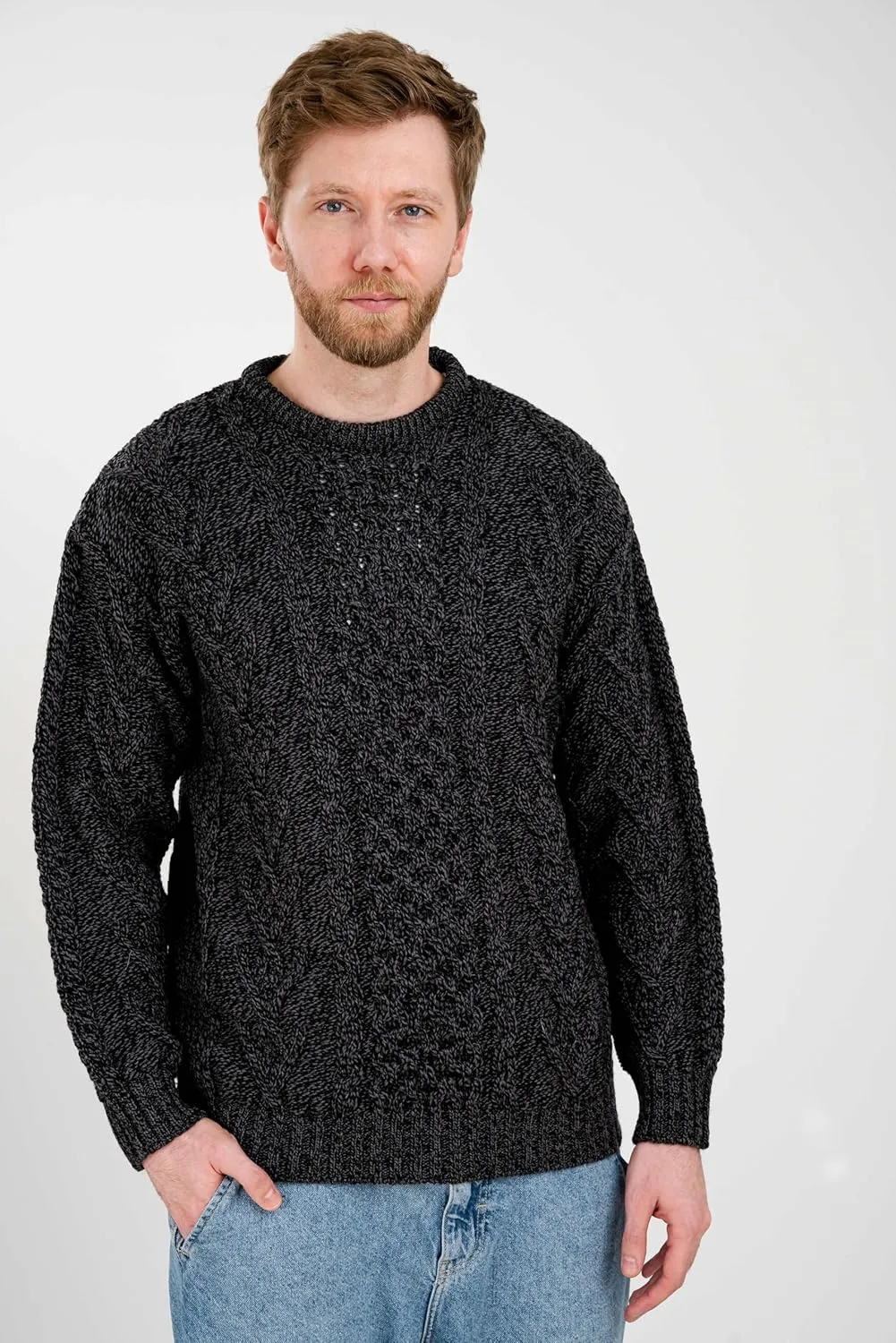 SAOL 100% Merino Wool Men's Irish Traditional Aran Crew Neck Cable Knit Sweater Pullover