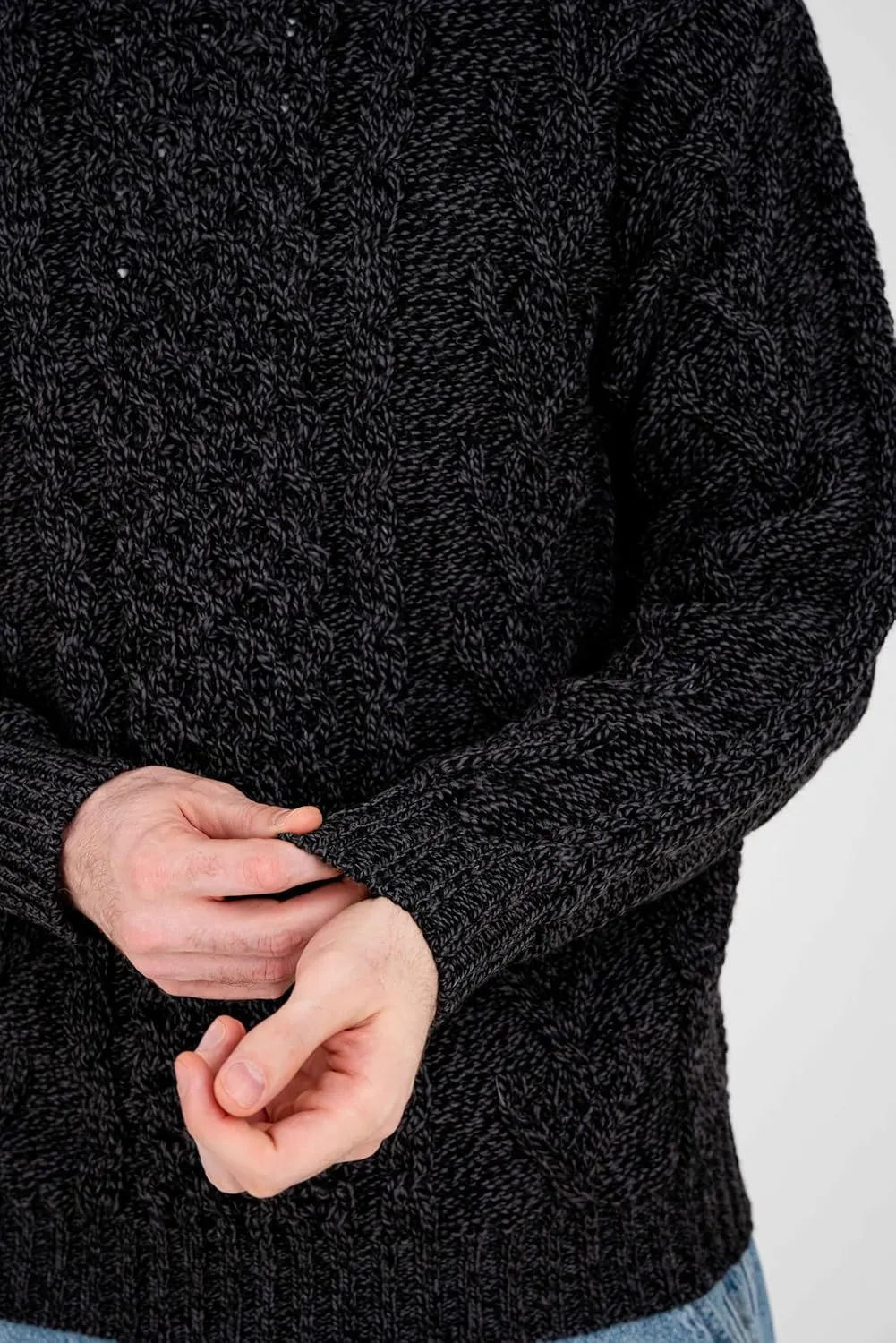 SAOL 100% Merino Wool Men's Irish Traditional Aran Crew Neck Cable Knit Sweater Pullover