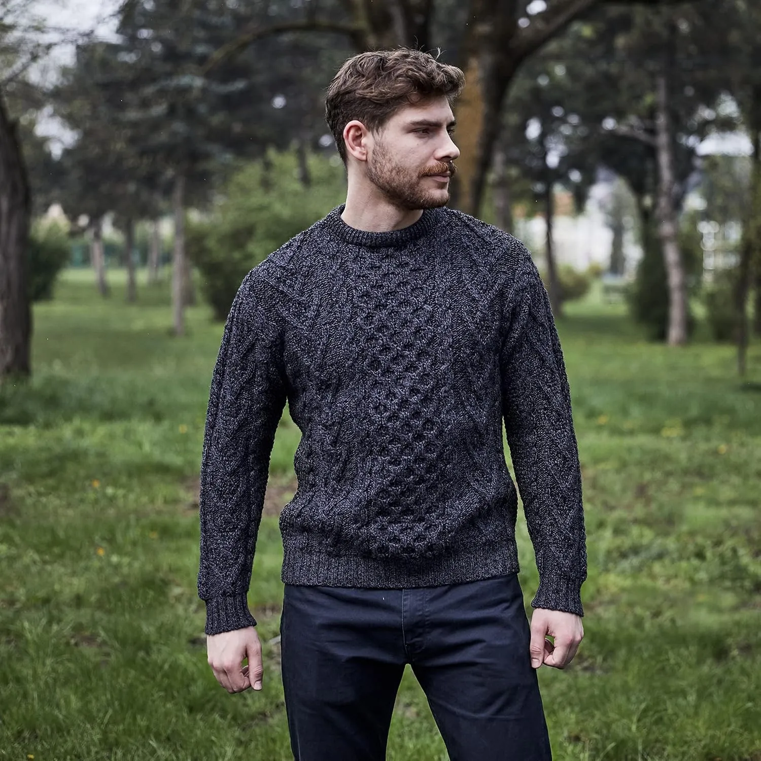 SAOL 100% Merino Wool Men's Irish Traditional Aran Crew Neck Cable Knit Sweater Pullover