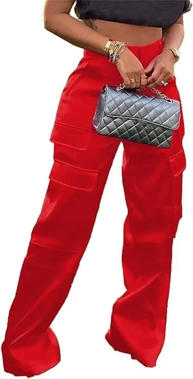 Satin Cargo Pants for Women High Waisted Multiple Pockets Wide Leg Trouser