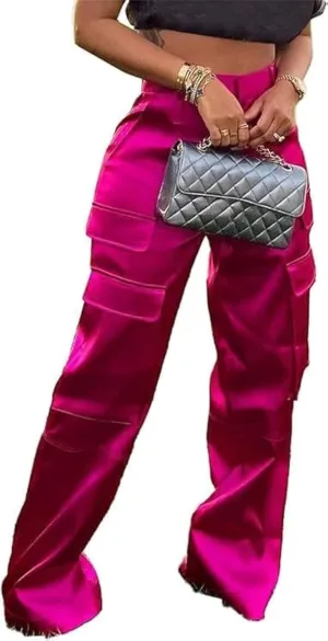 Satin Cargo Pants for Women High Waisted Multiple Pockets Wide Leg Trouser