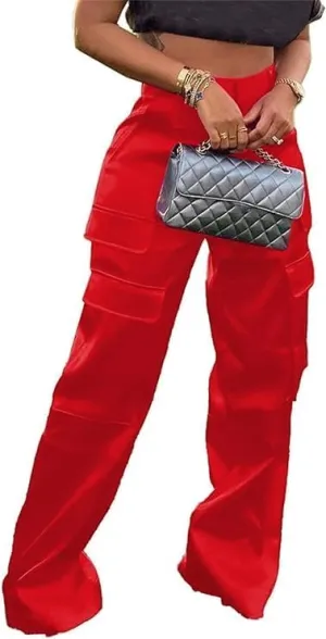 Satin Cargo Pants for Women High Waisted Multiple Pockets Wide Leg Trouser