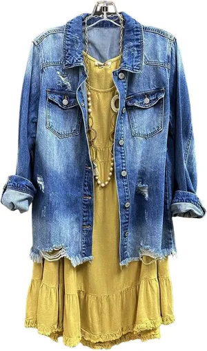 SCOFEEL Women Denim Shirt Jacket Long Sleeve Shacket Coat Distressed Washed Ripped Frayed Hem Jean Jacket