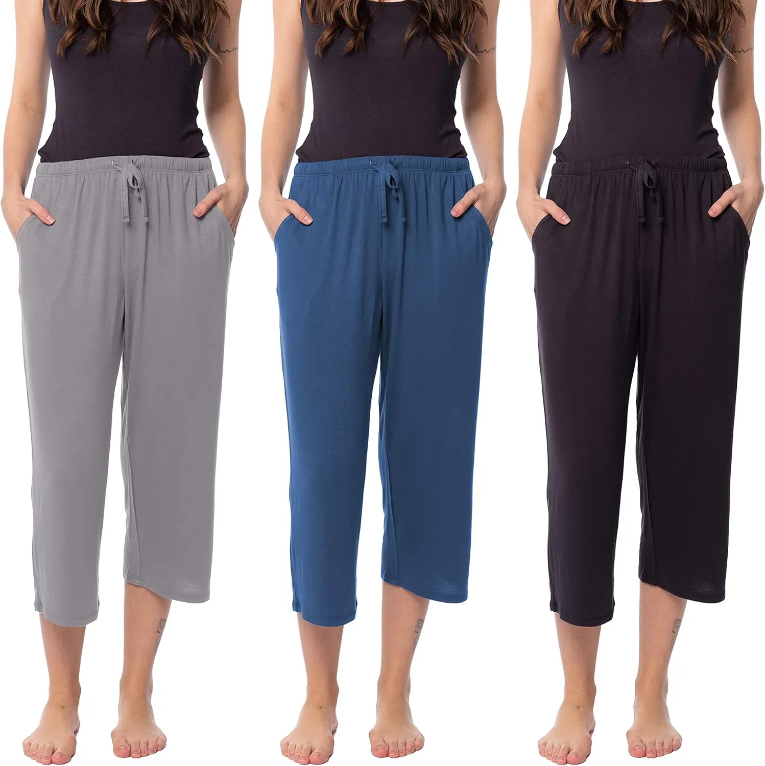 Sexy Basics 24/7 Anywear Women's 3 Pack Relaxed Flowy Capri Cropped Yoga Lounge Pants