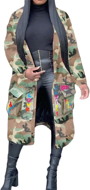 Sexy Camouflage Jacket for Women Army Fatigue Long Cargo Jackets Trench Coat Plus Size