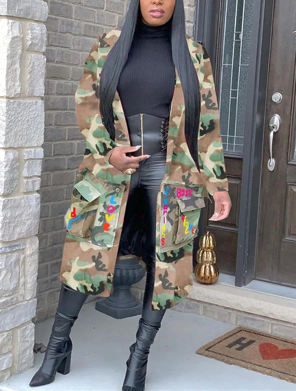 Sexy Camouflage Jacket for Women Army Fatigue Long Cargo Jackets Trench Coat Plus Size