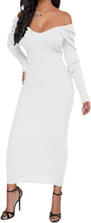 SheKiss Womens Off Shoulder Plus Size Work Business Sweater Dresses Long Sleeves Bodycon Cardigans Outfits