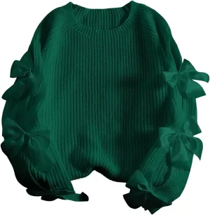 SHENHE Women's Plus Size Bow Sweater Cut Out Raglan Sleeve Crew Neck Loose Knitted Sweater Jumper