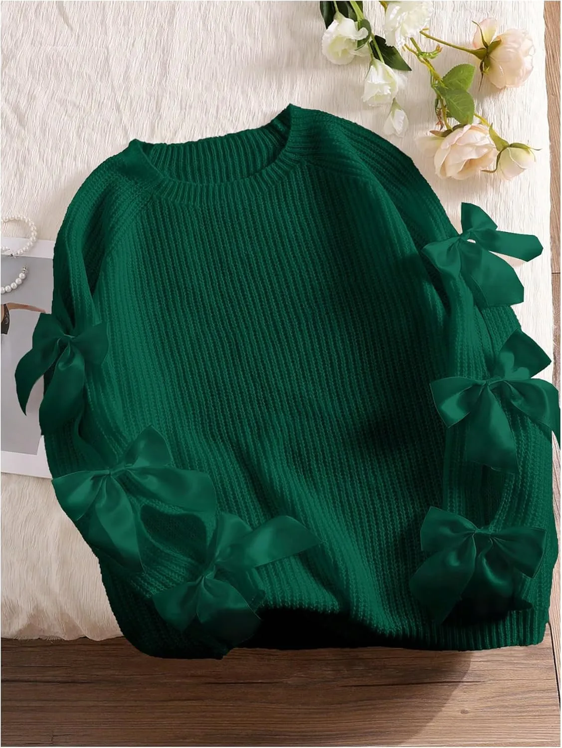 SHENHE Women's Plus Size Bow Sweater Cut Out Raglan Sleeve Crew Neck Loose Knitted Sweater Jumper