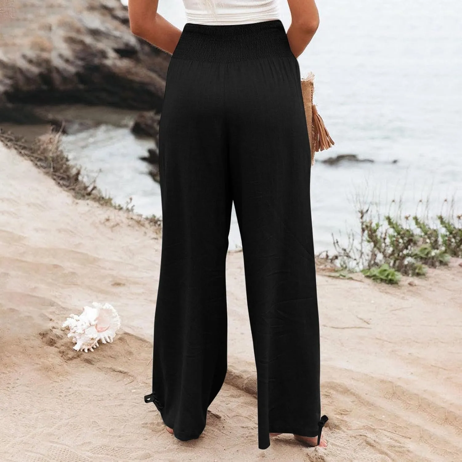 SHOPESSA Summer Pants for Women 2024 Smocked Smocked High Waisted Wide Leg Pants Lounge Palazzo Pants with Pockets