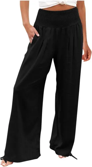 SHOPESSA Summer Pants for Women 2024 Smocked Smocked High Waisted Wide Leg Pants Lounge Palazzo Pants with Pockets