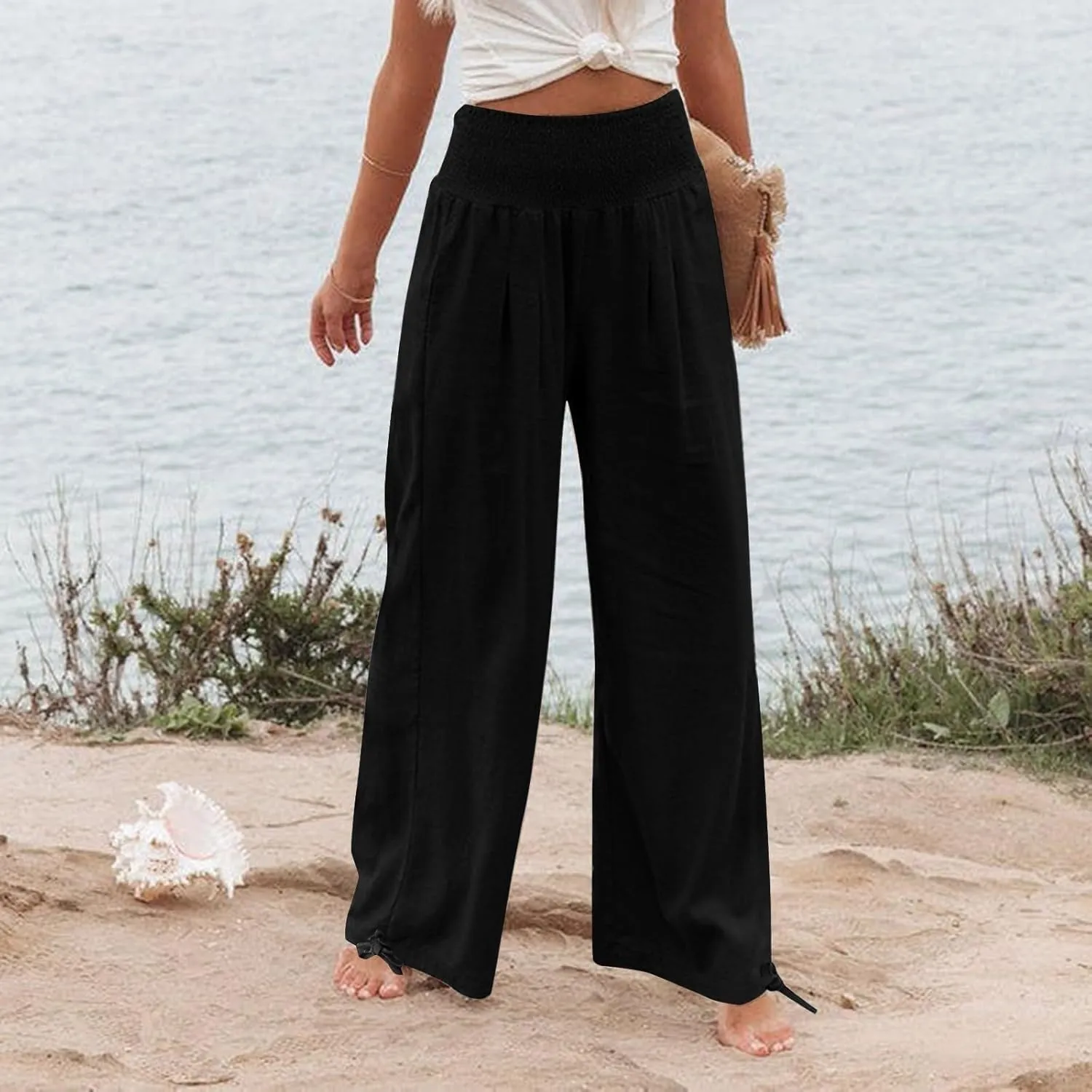 SHOPESSA Summer Pants for Women 2024 Smocked Smocked High Waisted Wide Leg Pants Lounge Palazzo Pants with Pockets