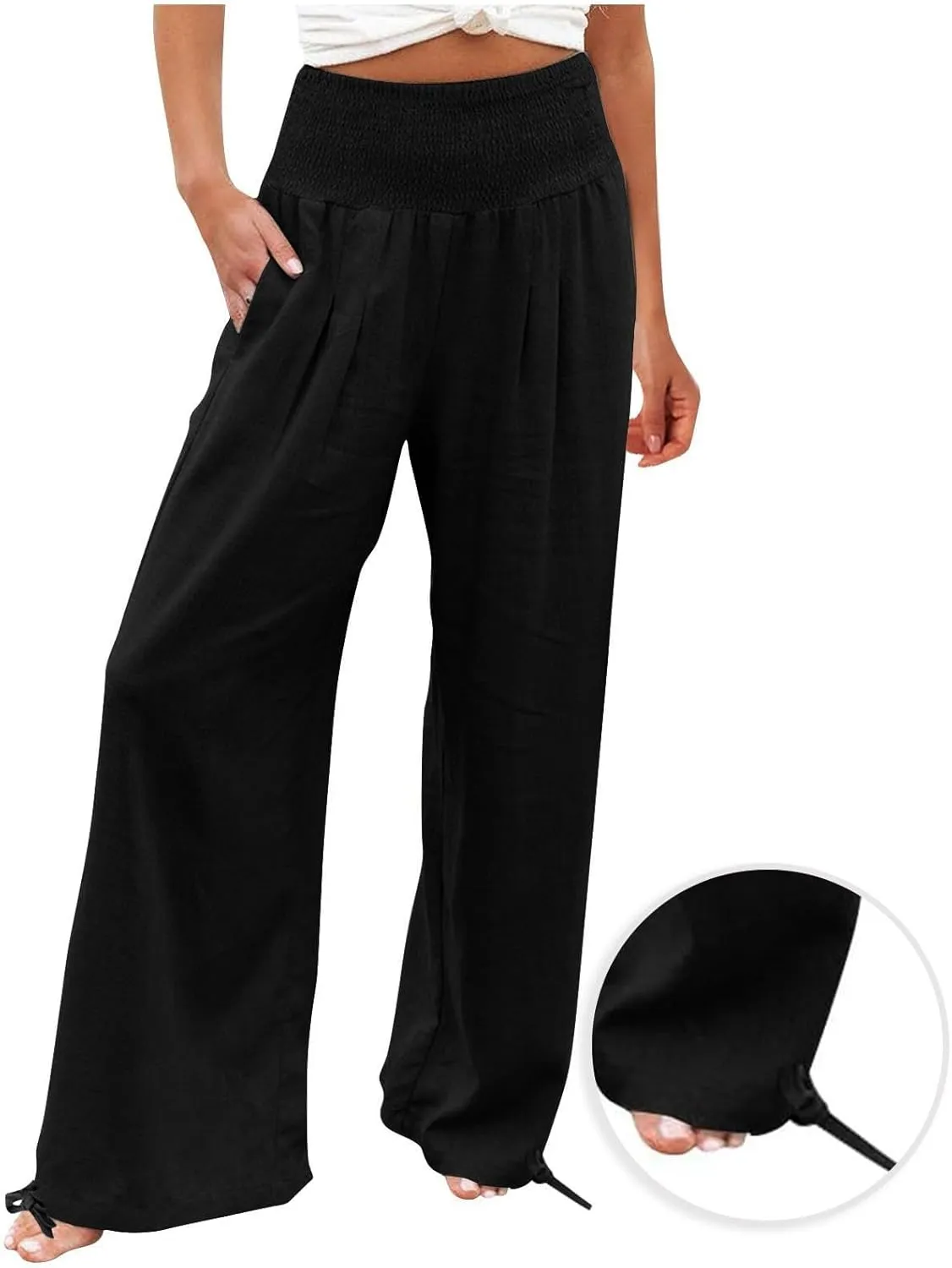 SHOPESSA Summer Pants for Women 2024 Smocked Smocked High Waisted Wide Leg Pants Lounge Palazzo Pants with Pockets