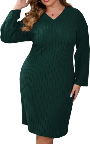 ShopWonder Womens Plus Size Sweater Dress Long Sleeve Ribbed Knit Dress Winter Loose Casual Pullover Sweater Midi Dresses