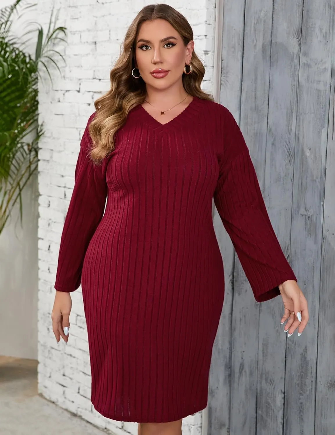 ShopWonder Womens Plus Size Sweater Dress Long Sleeve Ribbed Knit Dress Winter Loose Casual Pullover Sweater Midi Dresses