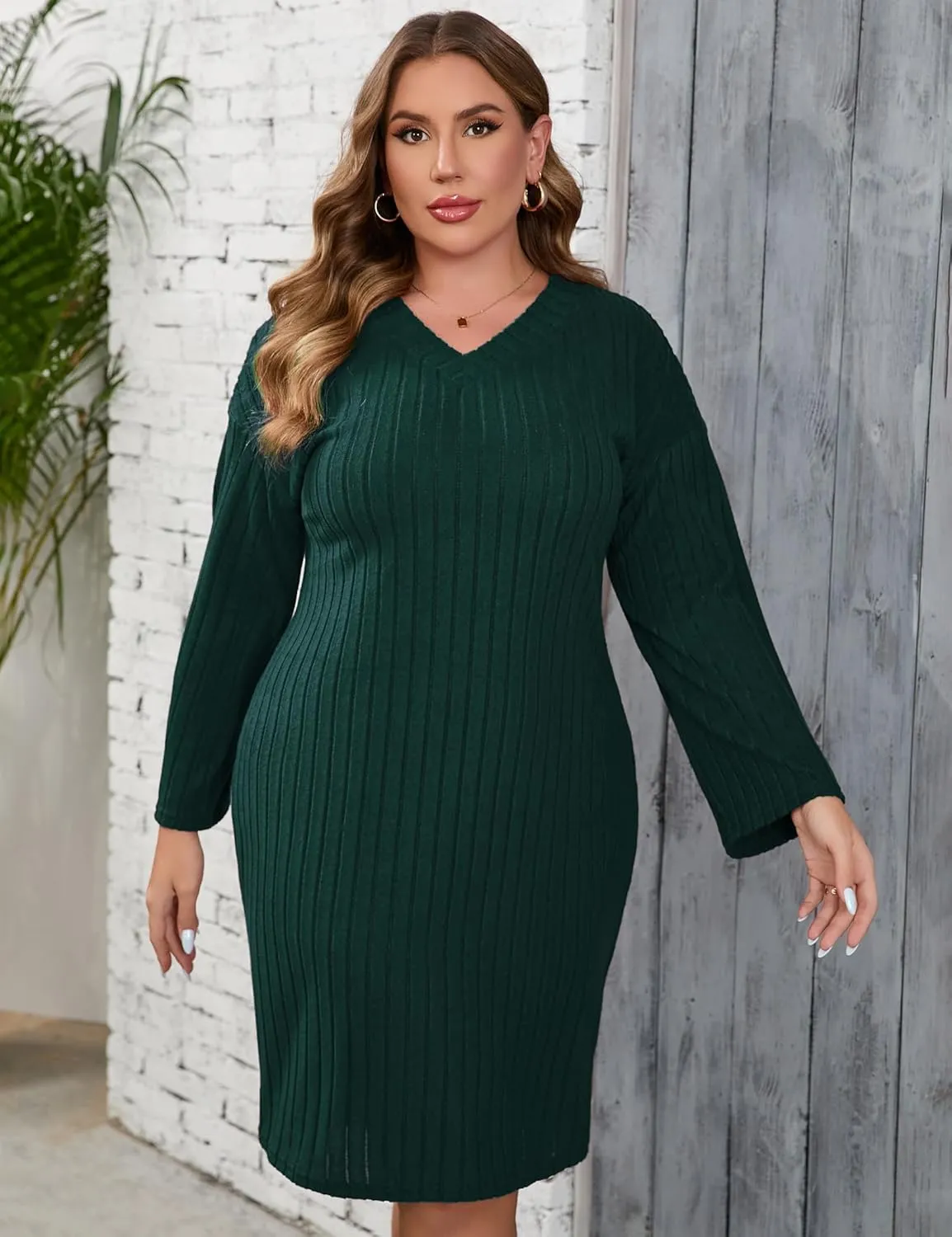 ShopWonder Womens Plus Size Sweater Dress Long Sleeve Ribbed Knit Dress Winter Loose Casual Pullover Sweater Midi Dresses