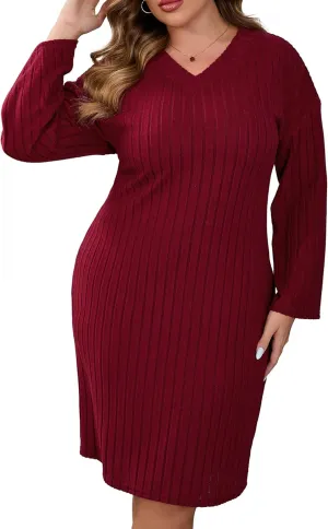 ShopWonder Womens Plus Size Sweater Dress Long Sleeve Ribbed Knit Dress Winter Loose Casual Pullover Sweater Midi Dresses