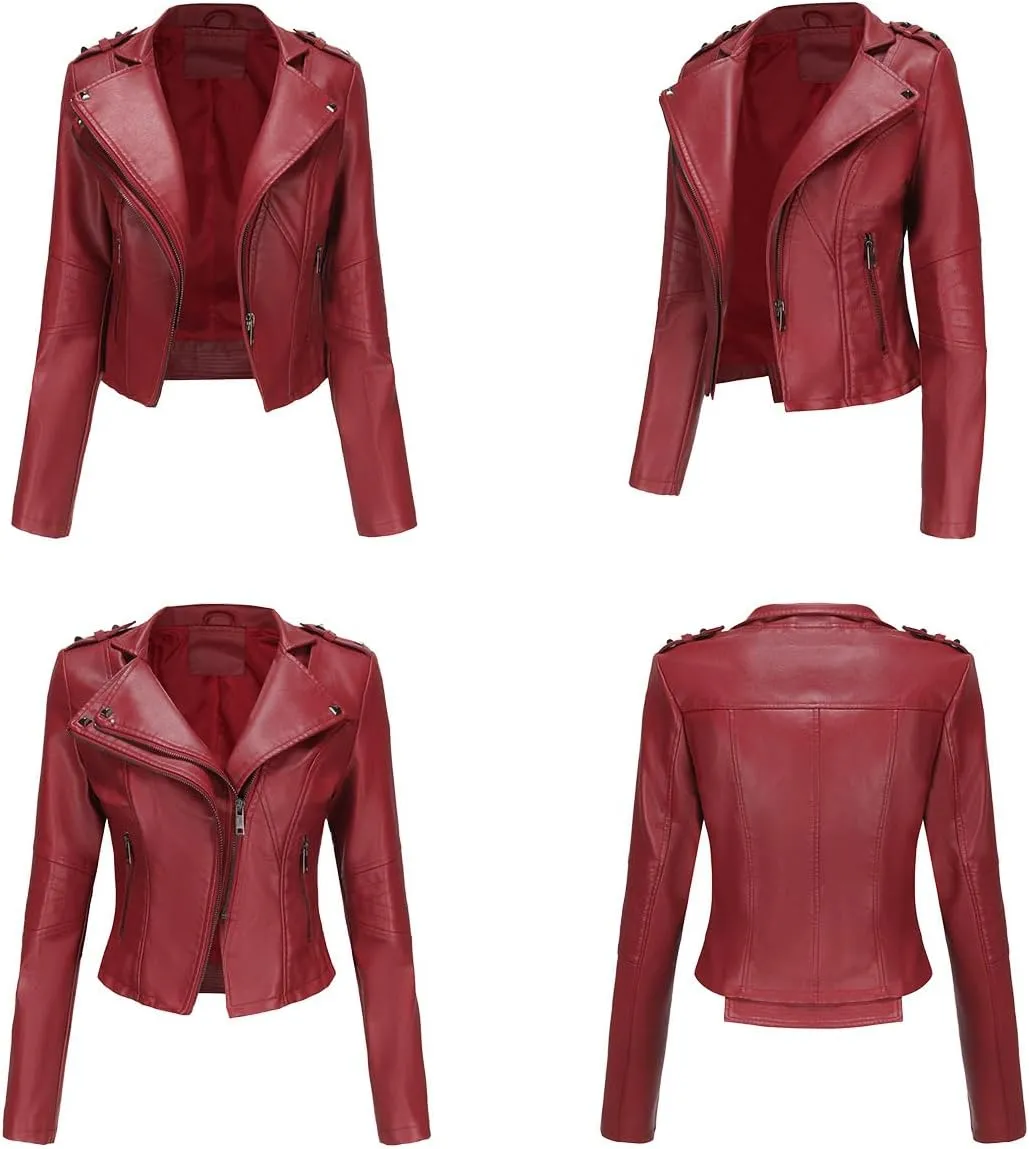 Sister Amy Women PU Leather Jacket Women Bomber Jacket Cropped Zipper Jacket Moto Coat