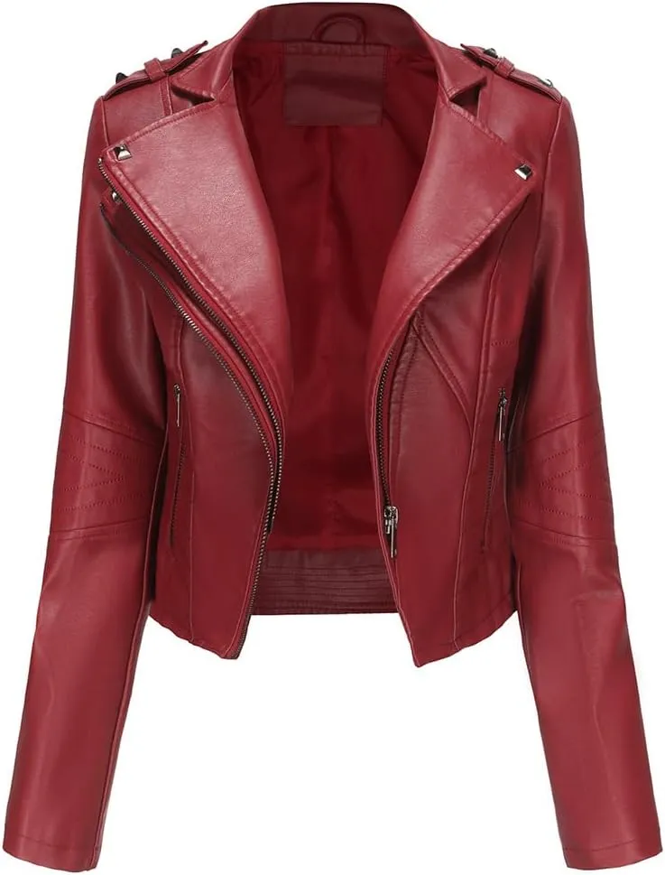 Sister Amy Women PU Leather Jacket Women Bomber Jacket Cropped Zipper Jacket Moto Coat