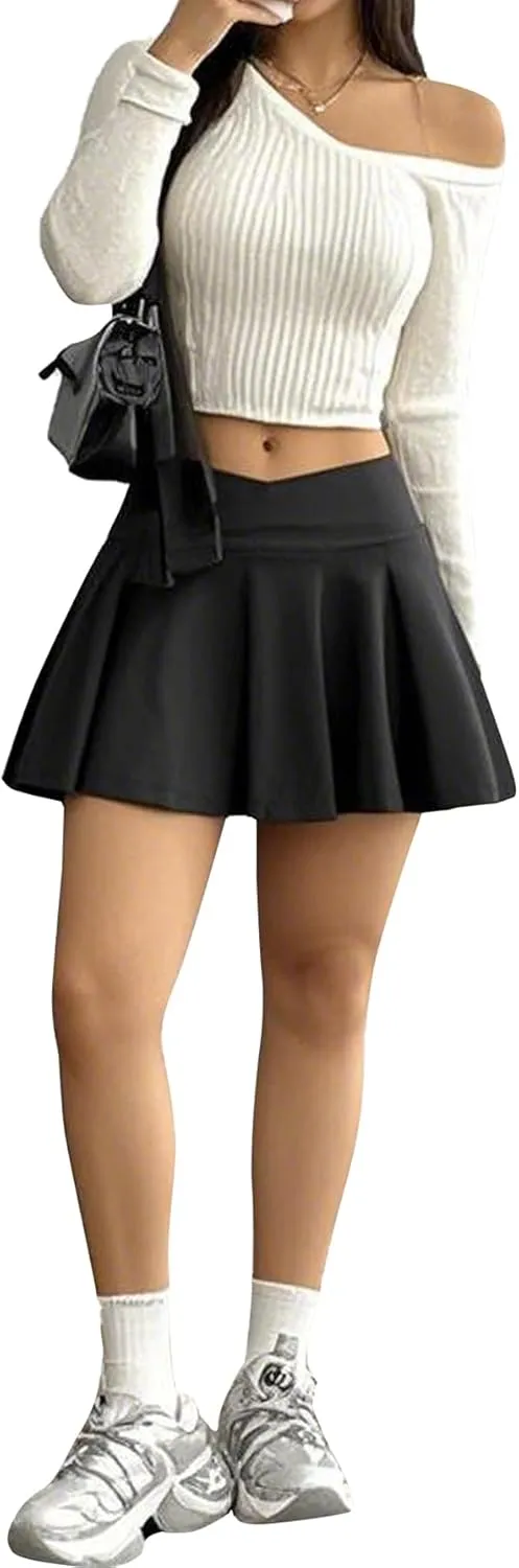 SOFIA'S CHOICE Women's Elastic Waist Mini Skirts Skorts Pleated Crossover Flowy Flared Short Skirt