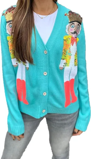 SOLILOQUY Women's Adult Red Christmas Sequin Nutcracker V-Neck Button Down Knitted Cardigan Sweater