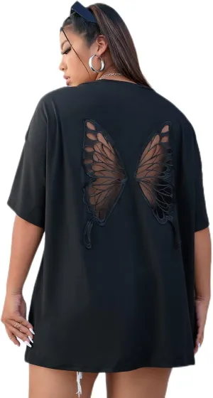 SOLY HUX Women's Plus Size Butterfly Embroidered Cut Out Back Half Sleeve T Shirt Casual Tee Tops