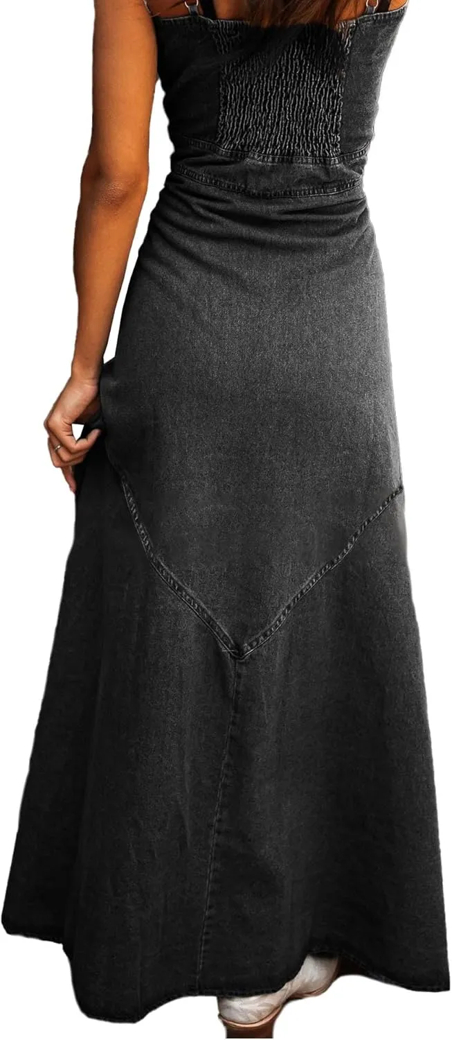 SOMTHRON Women's Spaghetti Strap Button Down Denim Dress Smocked A-Line Washed Bodycon Maxi Jean Dress