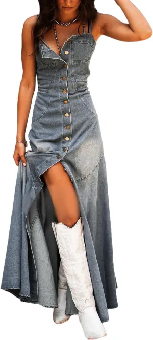 SOMTHRON Women's Spaghetti Strap Button Down Denim Dress Smocked A-Line Washed Bodycon Maxi Jean Dress