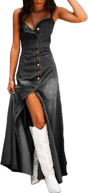 SOMTHRON Women's Spaghetti Strap Button Down Denim Dress Smocked A-Line Washed Bodycon Maxi Jean Dress