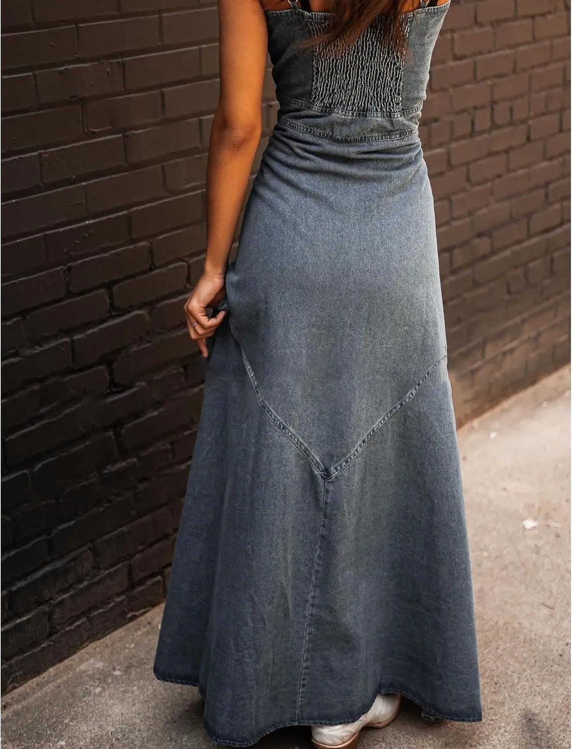 SOMTHRON Women's Spaghetti Strap Button Down Denim Dress Smocked A-Line Washed Bodycon Maxi Jean Dress