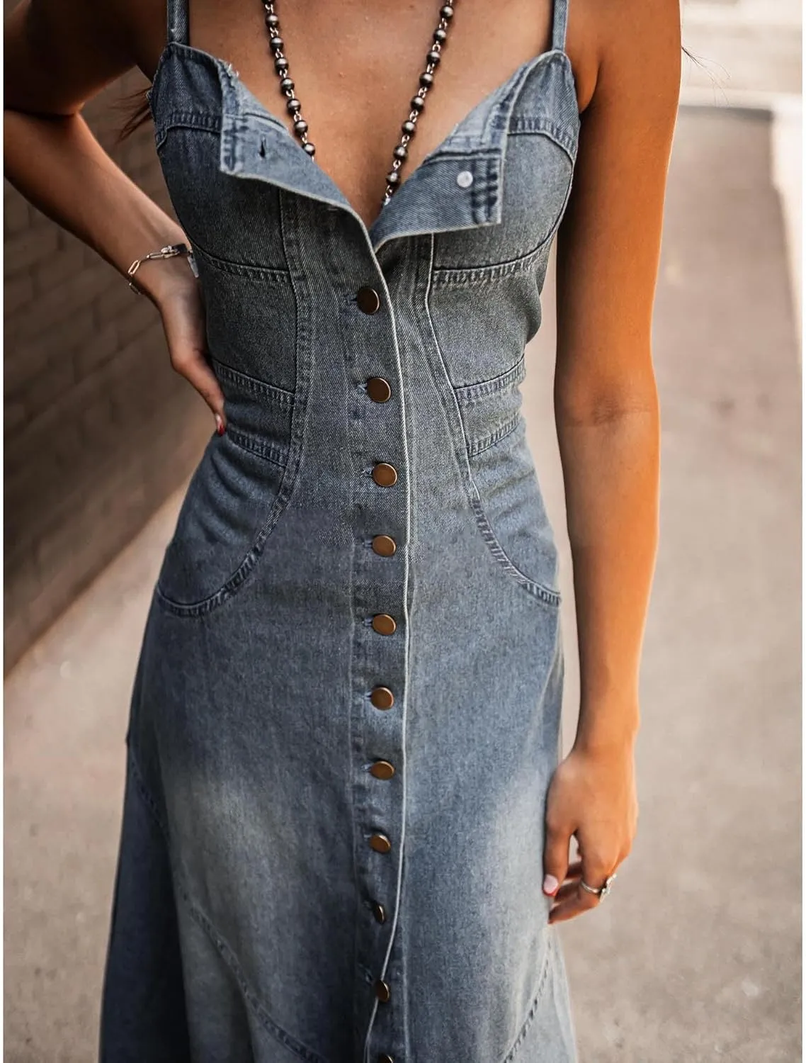 SOMTHRON Women's Spaghetti Strap Button Down Denim Dress Smocked A-Line Washed Bodycon Maxi Jean Dress