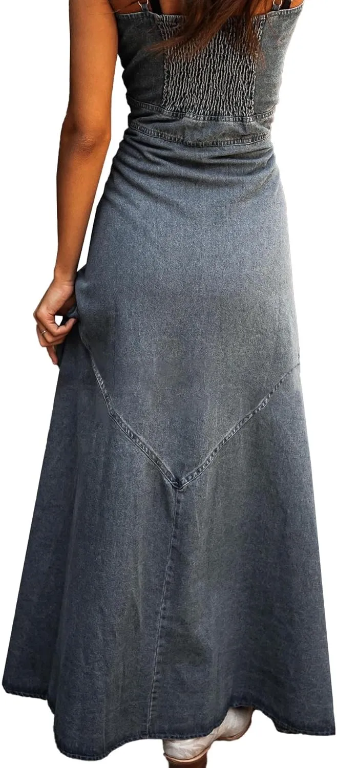 SOMTHRON Women's Spaghetti Strap Button Down Denim Dress Smocked A-Line Washed Bodycon Maxi Jean Dress