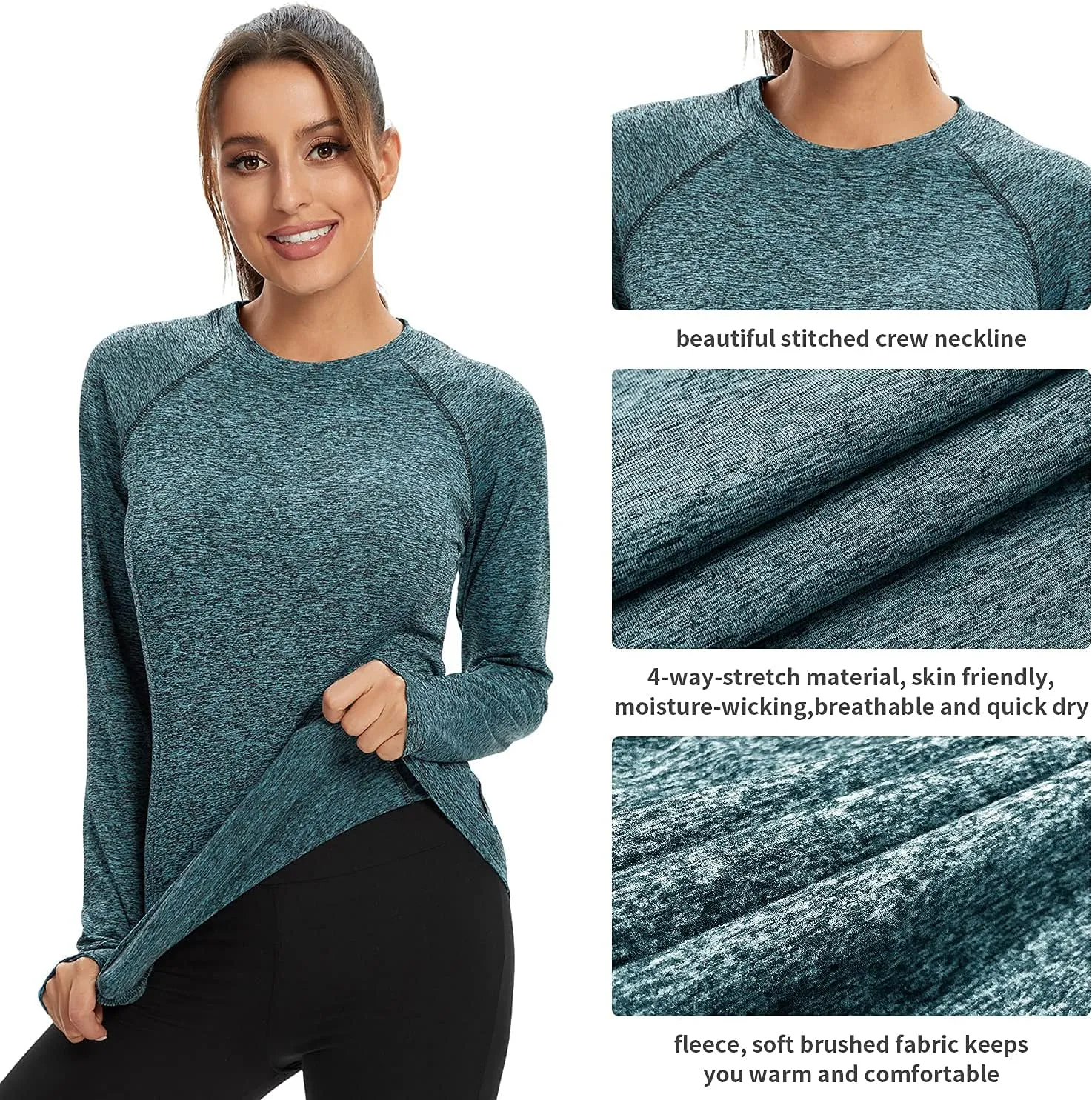 Soneven Women Fleece Thermal Long Sleeve Running Shirt Workout Tops Moisture Wicking Athletic Shirts with Thumb Holes