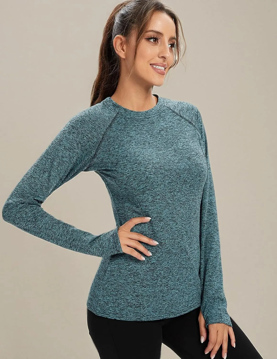 Soneven Women Fleece Thermal Long Sleeve Running Shirt Workout Tops Moisture Wicking Athletic Shirts with Thumb Holes