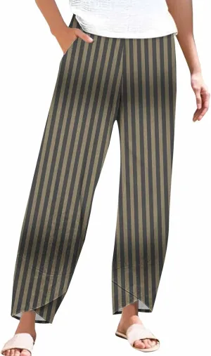 Striped Linen Pants Women 2025 Plus Size Wide Leg Cropped Pants Summer High Waist Lightweight Trousers with Pockets