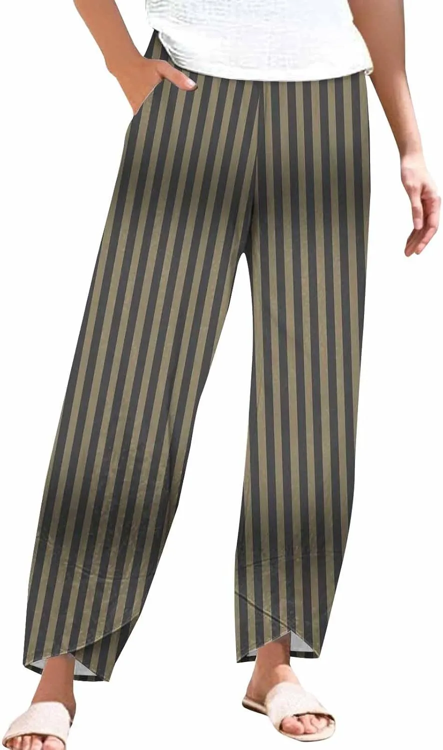 Striped Linen Pants Women 2025 Plus Size Wide Leg Cropped Pants Summer High Waist Lightweight Trousers with Pockets