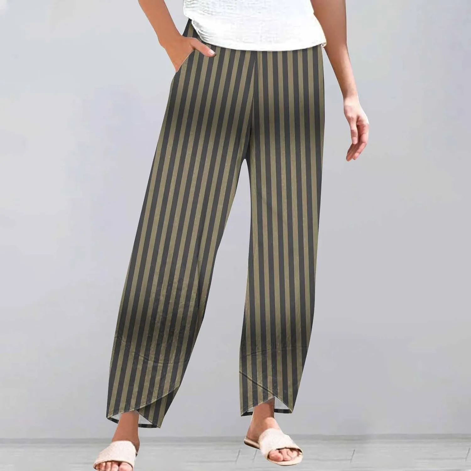 Striped Linen Pants Women 2025 Plus Size Wide Leg Cropped Pants Summer High Waist Lightweight Trousers with Pockets