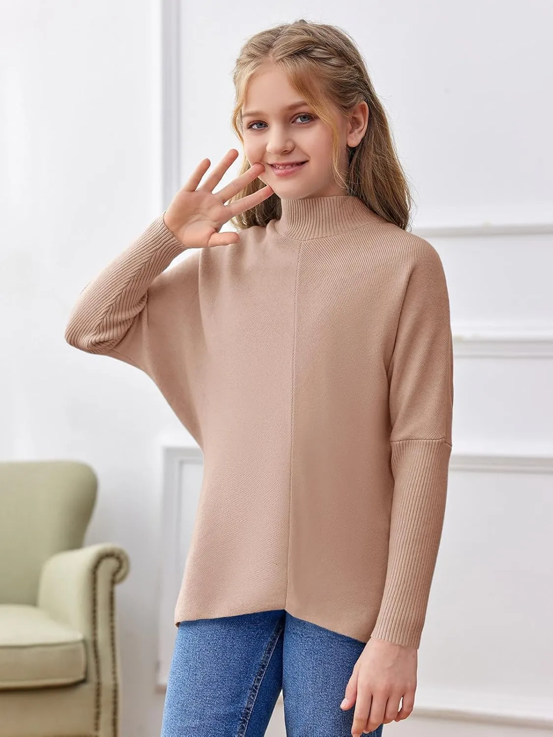 SySea Girls Pullover Sweaters Oversized Long Sleeve Turtleneck Knit Sweater Casual School Tops for 5-14 Years